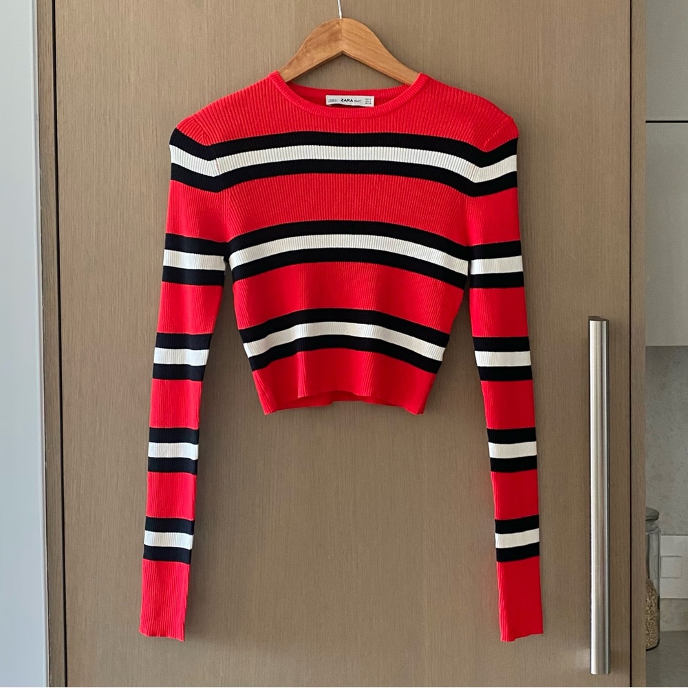 Zara red striped ribbed knit long sleeve crop top